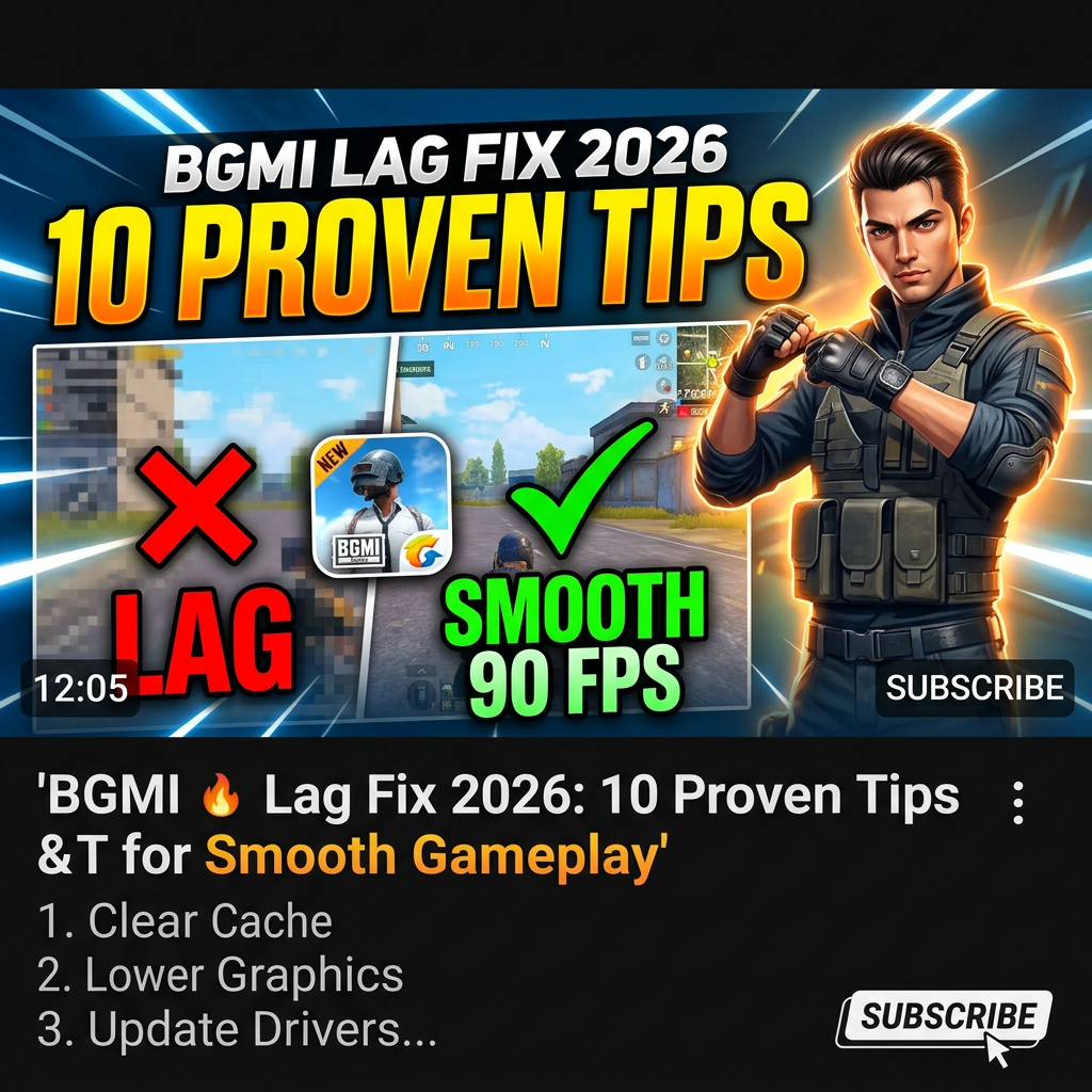 BGMI LAG FIX 2026, 10 PROVEN TIPS, LAG, SMOOTH 90 FPS, SUBSCRIBE, Clear Cache, Lower Graphics, Update Drivers