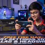 Gamer using smartphone beside Free Fire settings overlay and text Best Settings 2026 No Lag & Headshots