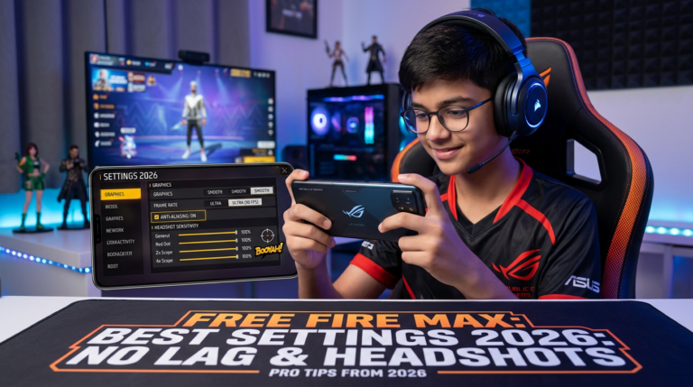 Gamer using smartphone beside Free Fire settings overlay and text Best Settings 2026 No Lag & Headshots