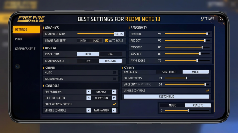 Free Fire MAX settings for Redmi Note 13