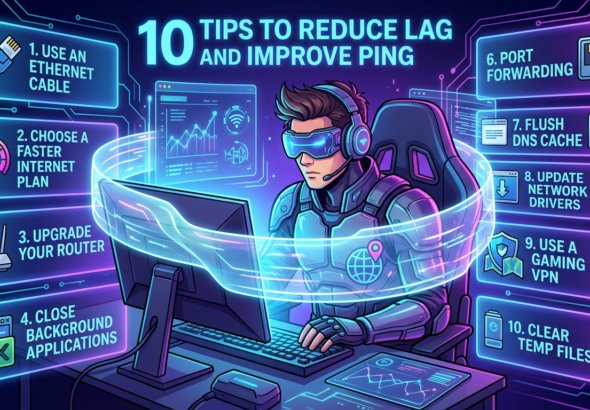Infographic listing ten tips to reduce lag and improve ping