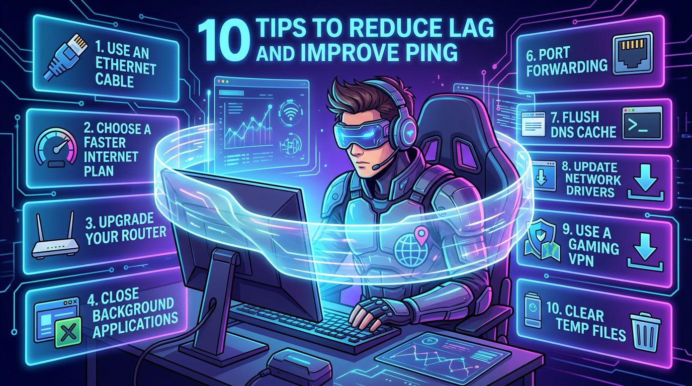 Infographic listing ten tips to reduce lag and improve ping