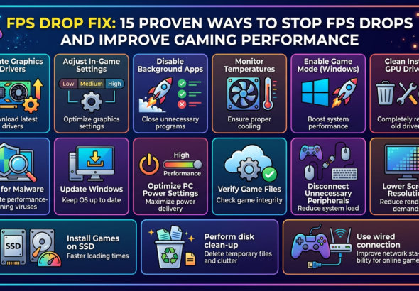 FPS DROP FIX: 15 PROVEN WAYS TO STOP FPS DROPS AND IMPROVE GAMING PERFORMANCE. Update Graphics Drivers—Download latest drivers; Adjust In-Game Settings—Optimize graphics settings; Disable Background Apps—Close unnecessary programs; Monitor Temperatures—Ensure proper cooling; Enable Game Mode (Windows)—Boost system performance; Clean Install GPU Drivers—Completely remove old drivers; Scan for Malware—Eliminate performance-draining viruses; Update Windows—Keep OS up to date; Optimize PC Power Settings—Maximize power delivery; Verify Game Files—Check game integrity; Disconnect Unnecessary Peripherals—Reduce system load; Lower Screen Resolution—Reduce rendering demands; Install Games on SSD—Faster loading times; Perform disk clean-up—Delete temporary files and clutter; Use wired connection—Improve network stability for online games.