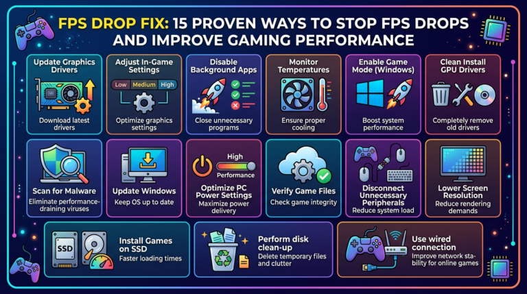 FPS DROP FIX: 15 PROVEN WAYS TO STOP FPS DROPS AND IMPROVE GAMING PERFORMANCE. Update Graphics Drivers—Download latest drivers; Adjust In-Game Settings—Optimize graphics settings; Disable Background Apps—Close unnecessary programs; Monitor Temperatures—Ensure proper cooling; Enable Game Mode (Windows)—Boost system performance; Clean Install GPU Drivers—Completely remove old drivers; Scan for Malware—Eliminate performance-draining viruses; Update Windows—Keep OS up to date; Optimize PC Power Settings—Maximize power delivery; Verify Game Files—Check game integrity; Disconnect Unnecessary Peripherals—Reduce system load; Lower Screen Resolution—Reduce rendering demands; Install Games on SSD—Faster loading times; Perform disk clean-up—Delete temporary files and clutter; Use wired connection—Improve network stability for online games.
