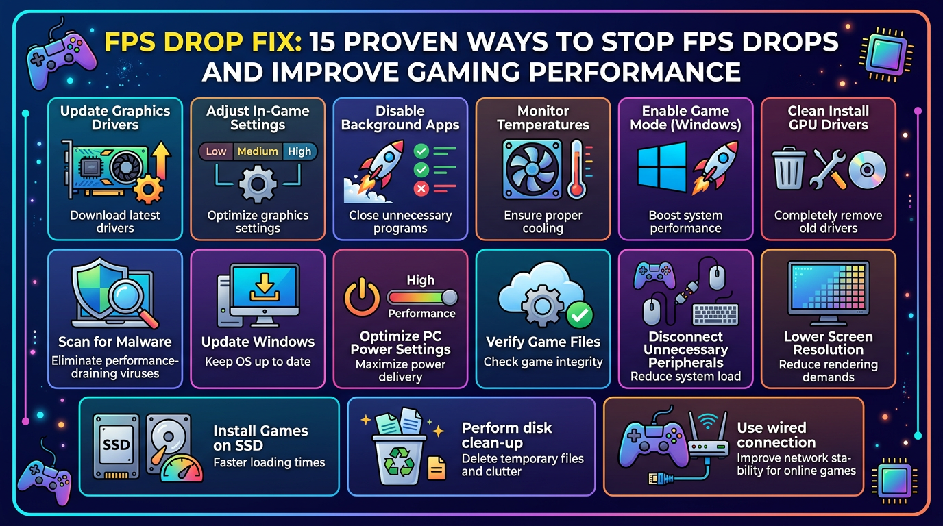 FPS DROP FIX: 15 PROVEN WAYS TO STOP FPS DROPS AND IMPROVE GAMING PERFORMANCE. Update Graphics Drivers—Download latest drivers; Adjust In-Game Settings—Optimize graphics settings; Disable Background Apps—Close unnecessary programs; Monitor Temperatures—Ensure proper cooling; Enable Game Mode (Windows)—Boost system performance; Clean Install GPU Drivers—Completely remove old drivers; Scan for Malware—Eliminate performance-draining viruses; Update Windows—Keep OS up to date; Optimize PC Power Settings—Maximize power delivery; Verify Game Files—Check game integrity; Disconnect Unnecessary Peripherals—Reduce system load; Lower Screen Resolution—Reduce rendering demands; Install Games on SSD—Faster loading times; Perform disk clean-up—Delete temporary files and clutter; Use wired connection—Improve network stability for online games.