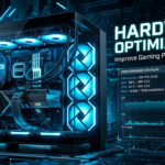 Gaming PC beside text reading HARDWARE OPTIMIZATION, Improve Gaming Performance & FPS, and a performance overlay with FPS, GPU, CPU, and RAM metrics