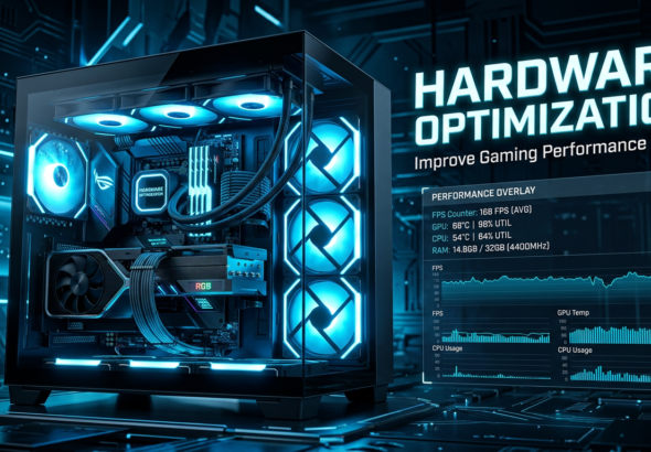 Gaming PC beside text reading HARDWARE OPTIMIZATION, Improve Gaming Performance & FPS, and a performance overlay with FPS, GPU, CPU, and RAM metrics