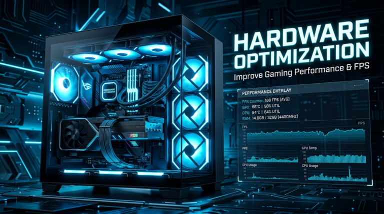 Gaming PC beside text reading HARDWARE OPTIMIZATION, Improve Gaming Performance & FPS, and a performance overlay with FPS, GPU, CPU, and RAM metrics