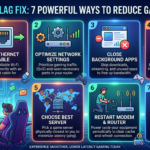 Infographic titled "NETWORK LAG FIX: 7 POWERFUL WAYS TO REDUCE GAMING LAG" with seven tips: "1 USE ETHERNET CABLE — Ditch unreliable Wi-Fi. Connect directly with an Ethernet cable for"; "2 OPTIMIZE NETWORK SETTINGS — Prioritize gaming traffic (QoS) and open necessary ports in your router."; "3 CLOSE BACKGROUND APPS — Stop downloads, streaming, and unused apps to free up bandwidth."; "4 UPDATE NETWORK DRIVERS — Ensure your motherboard/NIC and game software are fully updated."; "5 CHOOSE BEST SERVER — Pick a game server physically closest to you to minimize latency (ping)."; "6 RESTART MODEM & ROUTER — Power cycle your equipment periodically to clear cache and refresh connection."; "7 CONTACT YOUR ISP — Check for line issues or upgrade your internet plan if needed." Bottom text reads "EXPERIENCE SMOOTHER, LOWER LATENCY GAMING TODAY."