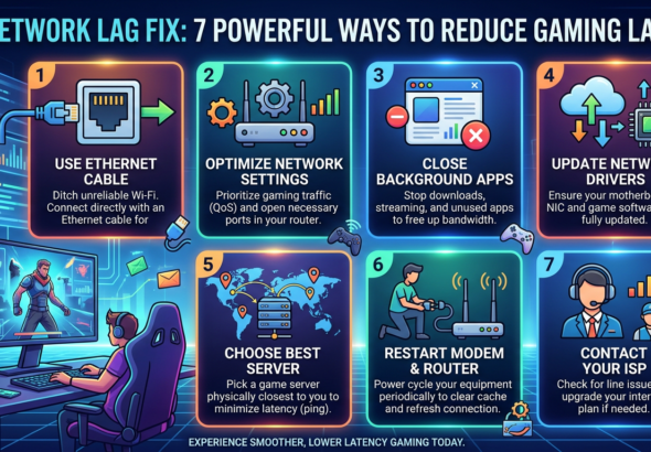 Infographic titled "NETWORK LAG FIX: 7 POWERFUL WAYS TO REDUCE GAMING LAG" with seven tips: "1 USE ETHERNET CABLE — Ditch unreliable Wi-Fi. Connect directly with an Ethernet cable for"; "2 OPTIMIZE NETWORK SETTINGS — Prioritize gaming traffic (QoS) and open necessary ports in your router."; "3 CLOSE BACKGROUND APPS — Stop downloads, streaming, and unused apps to free up bandwidth."; "4 UPDATE NETWORK DRIVERS — Ensure your motherboard/NIC and game software are fully updated."; "5 CHOOSE BEST SERVER — Pick a game server physically closest to you to minimize latency (ping)."; "6 RESTART MODEM & ROUTER — Power cycle your equipment periodically to clear cache and refresh connection."; "7 CONTACT YOUR ISP — Check for line issues or upgrade your internet plan if needed." Bottom text reads "EXPERIENCE SMOOTHER, LOWER LATENCY GAMING TODAY."