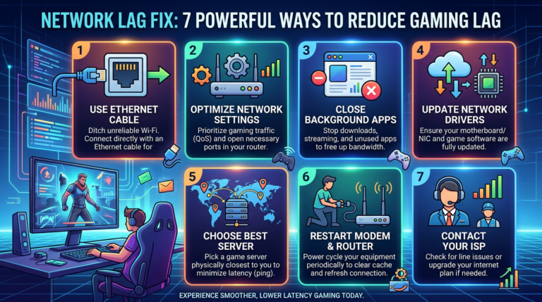 Infographic titled "NETWORK LAG FIX: 7 POWERFUL WAYS TO REDUCE GAMING LAG" with seven tips: "1 USE ETHERNET CABLE — Ditch unreliable Wi-Fi. Connect directly with an Ethernet cable for"; "2 OPTIMIZE NETWORK SETTINGS — Prioritize gaming traffic (QoS) and open necessary ports in your router."; "3 CLOSE BACKGROUND APPS — Stop downloads, streaming, and unused apps to free up bandwidth."; "4 UPDATE NETWORK DRIVERS — Ensure your motherboard/NIC and game software are fully updated."; "5 CHOOSE BEST SERVER — Pick a game server physically closest to you to minimize latency (ping)."; "6 RESTART MODEM & ROUTER — Power cycle your equipment periodically to clear cache and refresh connection."; "7 CONTACT YOUR ISP — Check for line issues or upgrade your internet plan if needed." Bottom text reads "EXPERIENCE SMOOTHER, LOWER LATENCY GAMING TODAY."